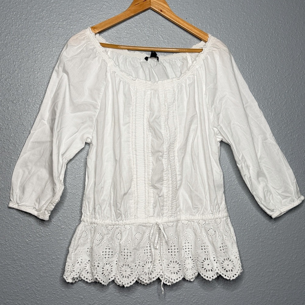 Lauren Ralph Lauren White Eyelet Peplum Peasant Blouse XL Cotton Cottagecore